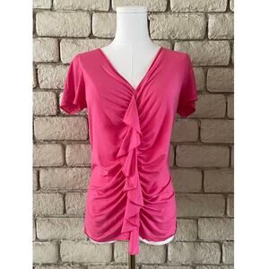 Banana Republic Pink Ruffle Front V-Neck Blouse - Short Sleeve Size Medium